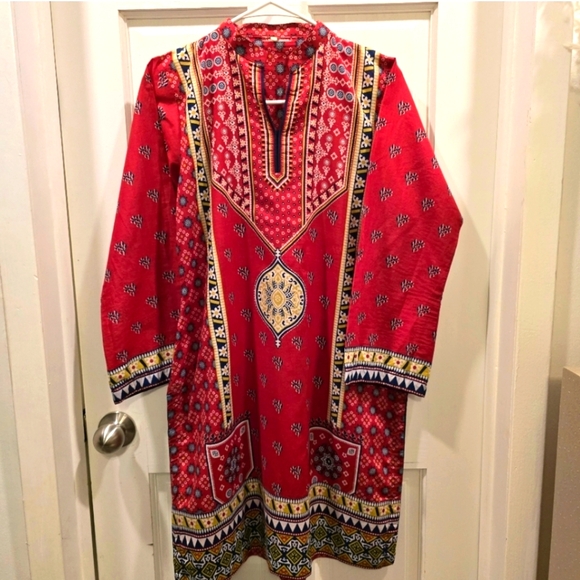 Gul AHMAD Elegant Red Printed KURTA In Size Small. - Picture 1 of 14